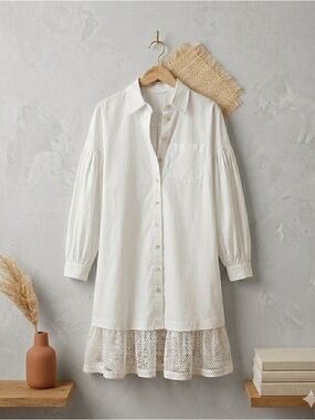 Anthropologie Maeve Lace Hem Shirt Dress White Small Long Sleeve NWT